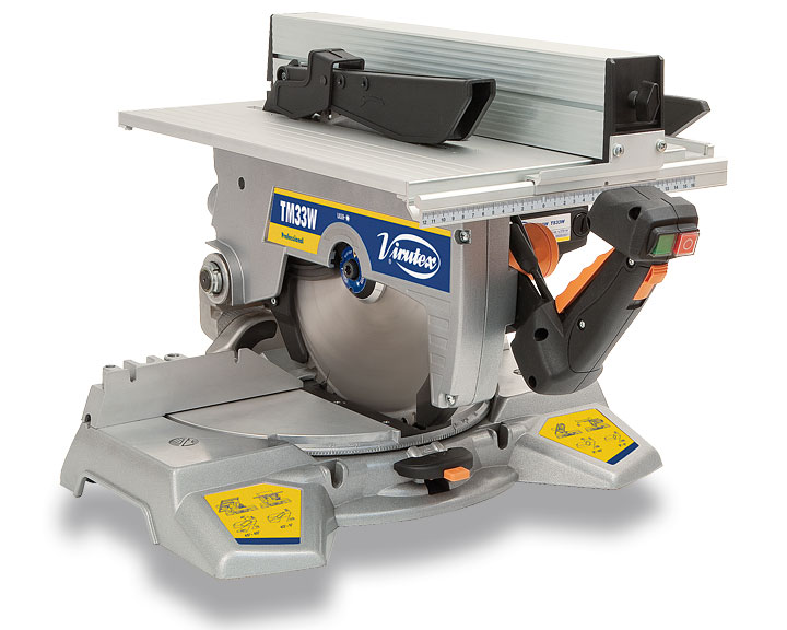 Tiltable mitre saw with upper table